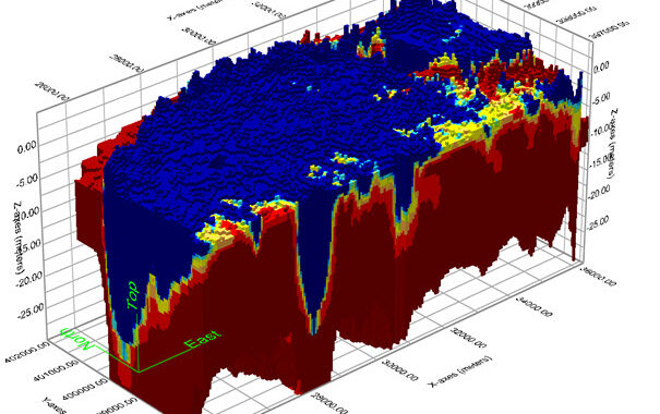 3D zoet (blauw) – brak (geel, groen) – zout (rood) kartering van het grondwatersysteem © Deltares